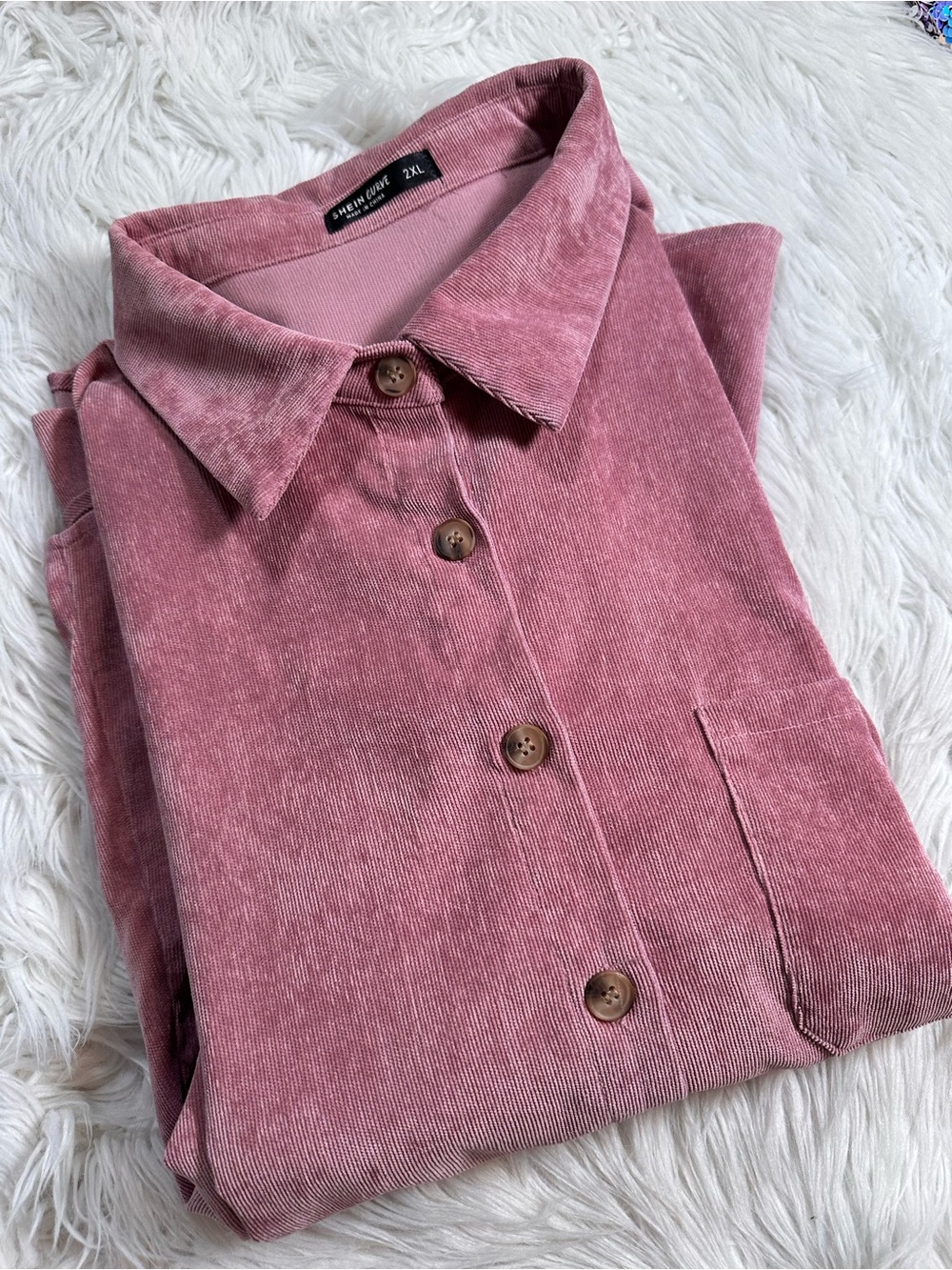 Shein Curve • Muted Rose Pink Lightweight Corduroy Button Up Shirt - Picture 2 of 9